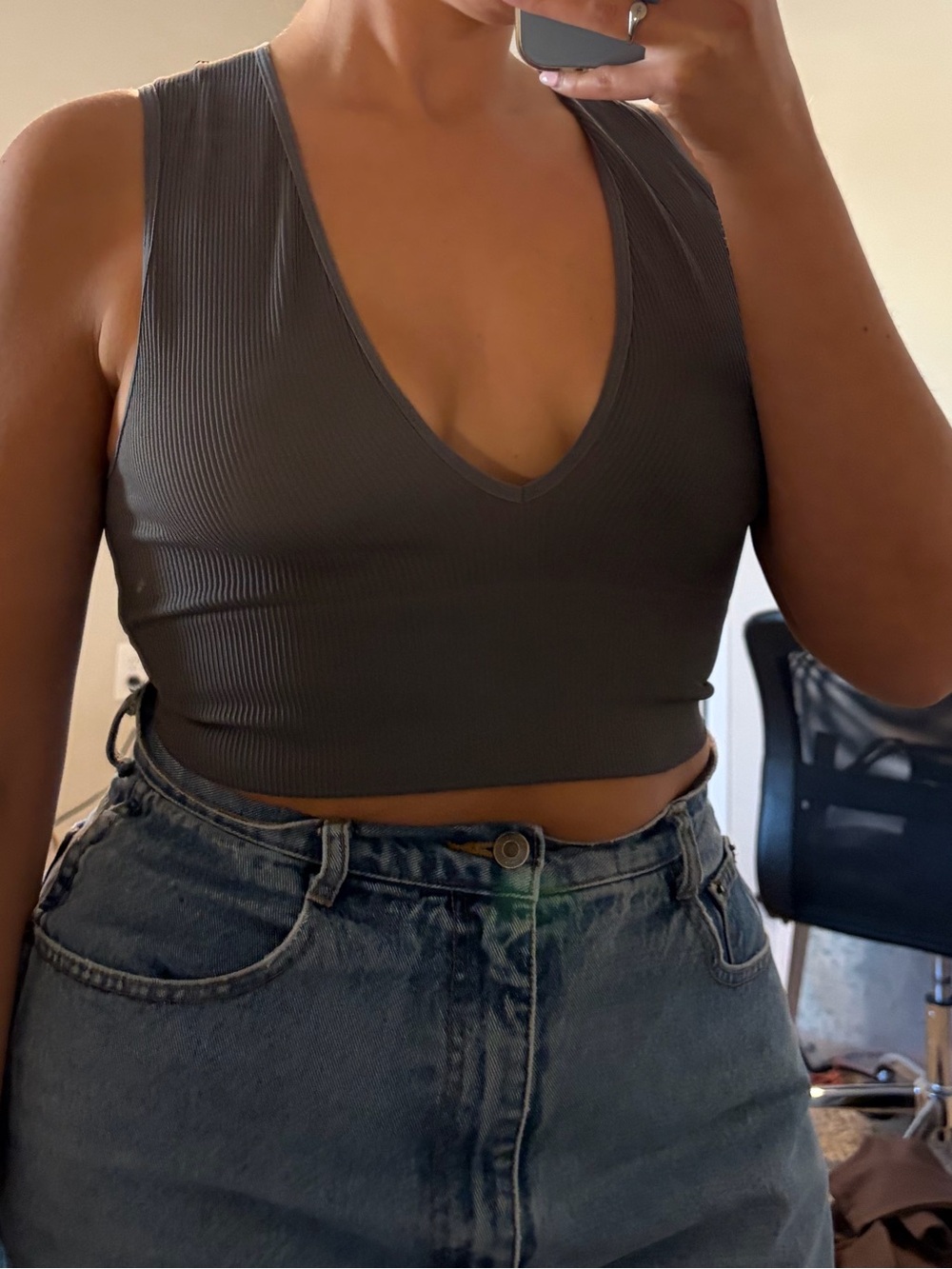 Urban Outfitters V-Neck Ribbed Crop Top — Gray